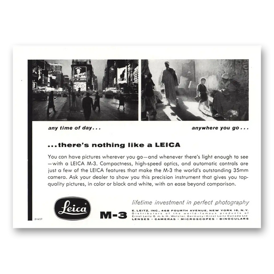 1957 Leica Cameras Any Time of Day Vintage Magazine Print Ad