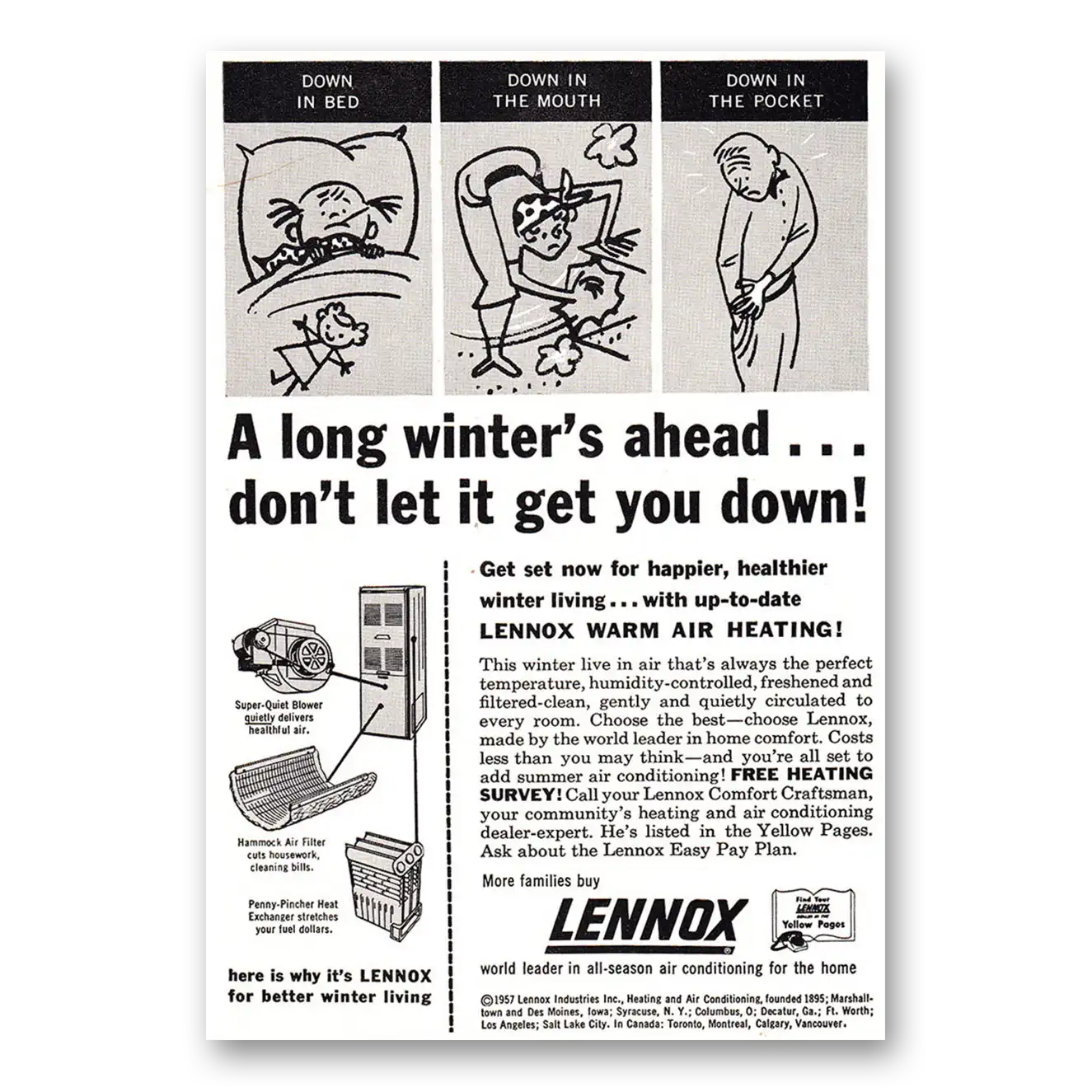 1957 Lennox Warm Air Heating Long Winters Ahead Vintage Magazine Print Ad