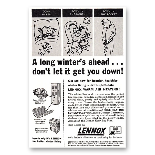 1957 Lennox Warm Air Heating Long Winters Ahead Vintage Magazine Print Ad