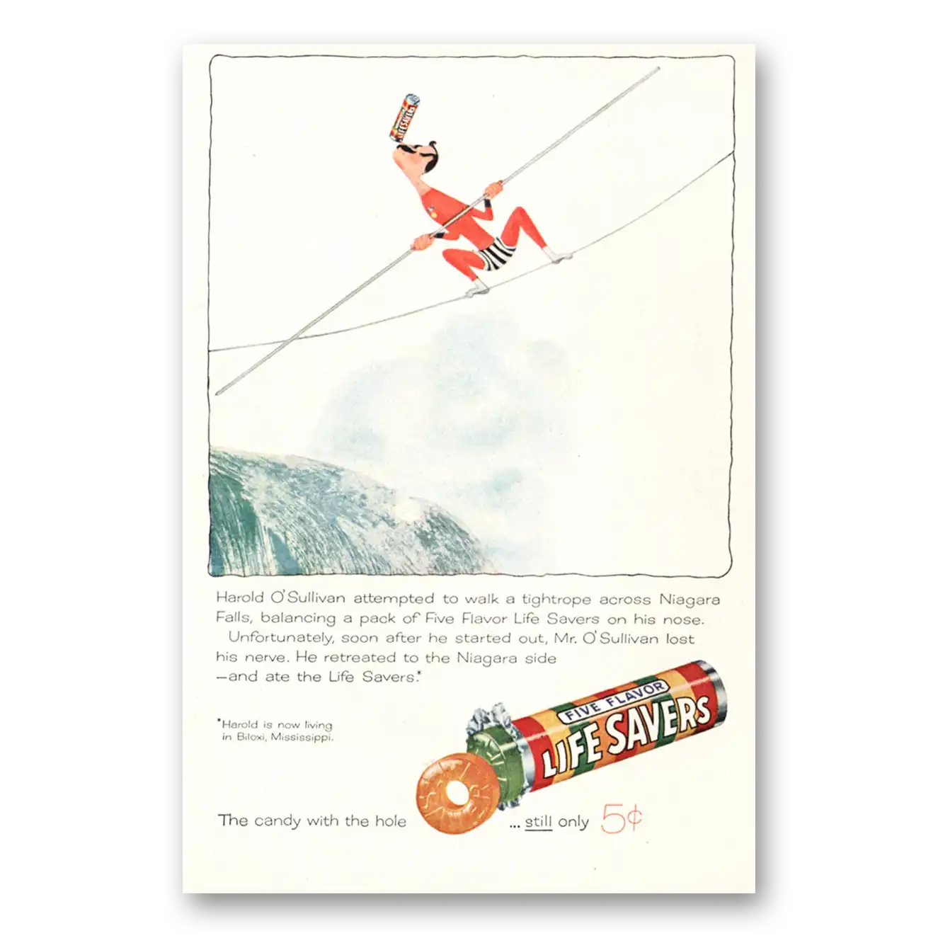 1957 Life Savers Tightrope Niagara Falls Vintage Magazine Print Ad