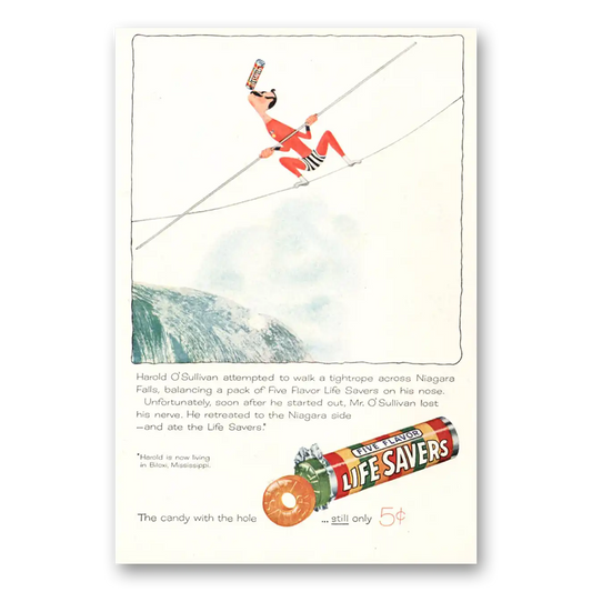 1957 Life Savers Tightrope Niagara Falls Vintage Magazine Print Ad