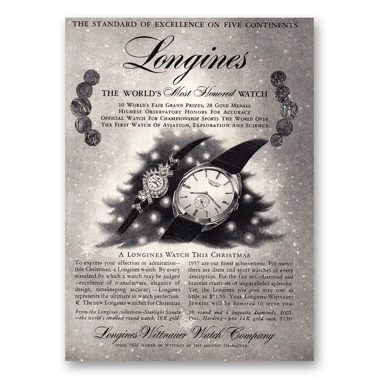 1957 Longines Wittnauer This Christmas Vintage Magazine Print Ad