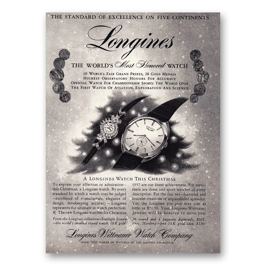 1957 Longines Wittnauer This Christmas Vintage Magazine Print Ad