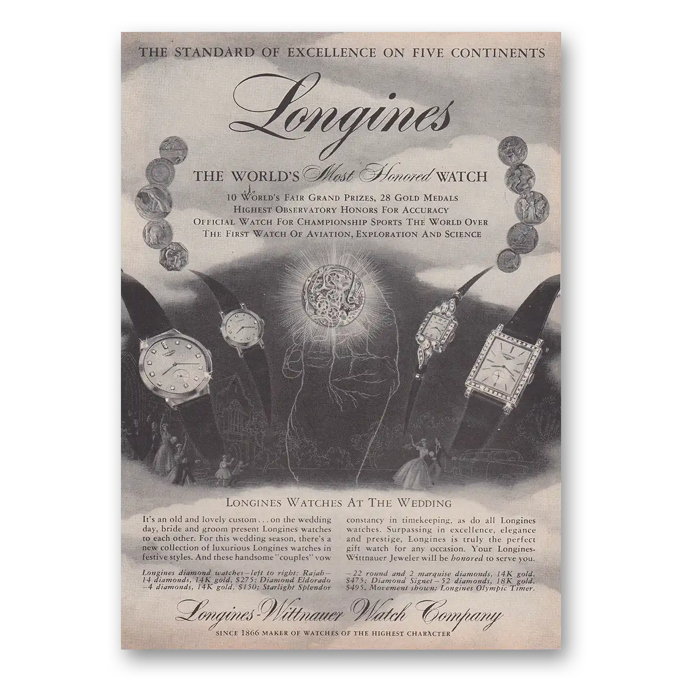 1957 Longines Wittnauer Watches at the Wedding Vintage Magazine Print Ad