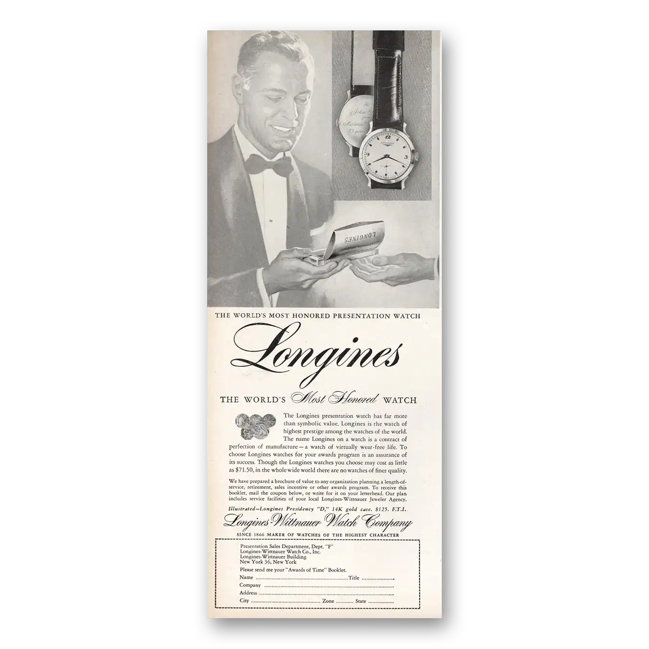 1957 Longines Wittnauer Most Honored Presentation Vintage Magazine Print Ad