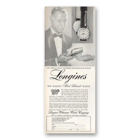 1957 Longines Wittnauer Most Honored Presentation Vintage Magazine Print Ad