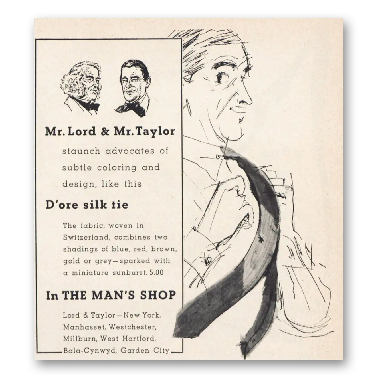 1957 Lord & Taylor Mr Lord and Mr Taylor Dore Silk Tie Vintage Magazine Print Ad