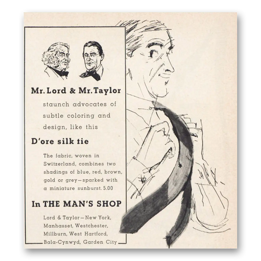 1957 Lord & Taylor Mr Lord and Mr Taylor Dore Silk Tie Vintage Magazine Print Ad