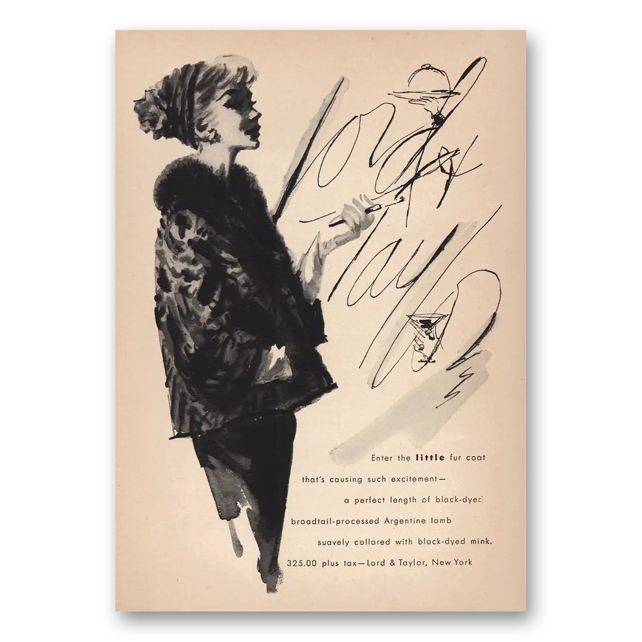 1957 Lord & Taylor Enter the Little Fur Coat Vintage Magazine Print Ad