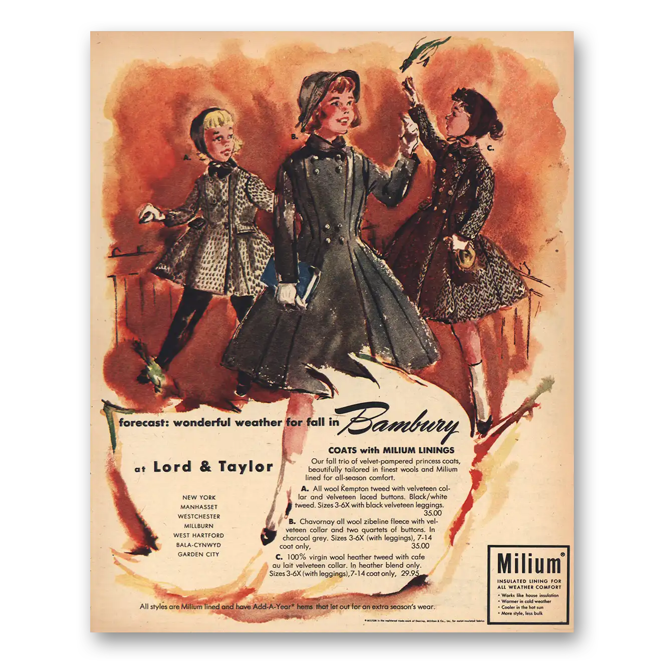 1957 Lord & Taylor Bambury Coats Vintage Magazine Print Ad