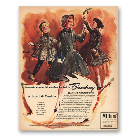 1957 Lord & Taylor Bambury Coats Vintage Magazine Print Ad