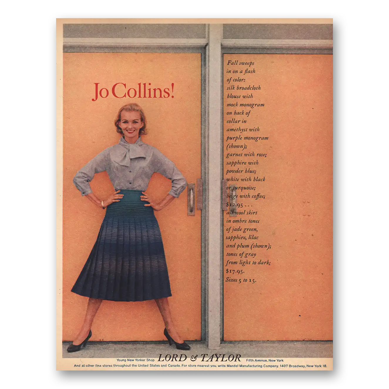 1957 Lord & Taylor Jo Collins Vintage Magazine Print Ad