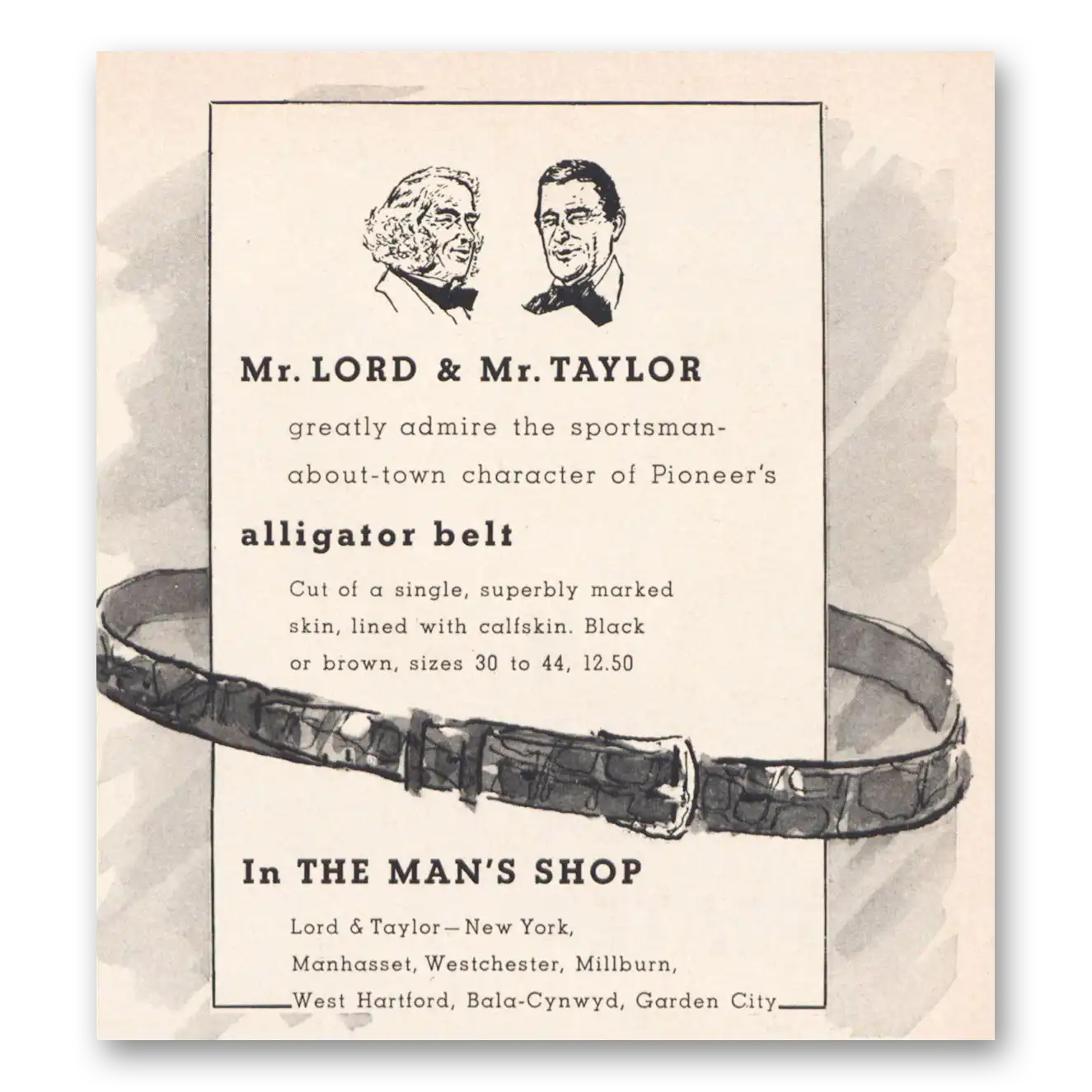 1957 Lord & Taylor Mr Lord and Mr Taylor Alligator Belt Vintage Magazine Print Ad