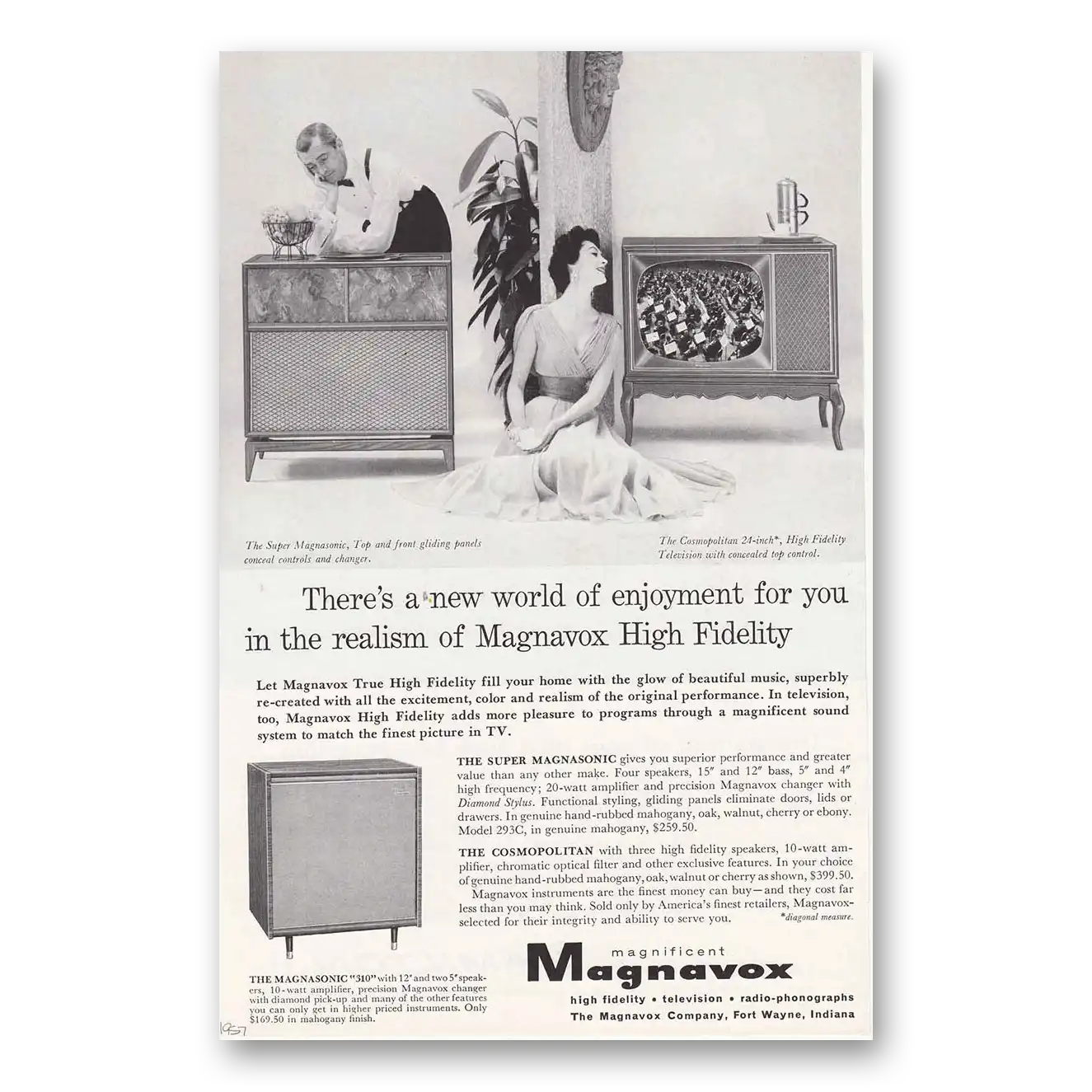 1957 Magnavox Cosmopolitan Television High Fidelity Realism Vintage Magazine Print Ad