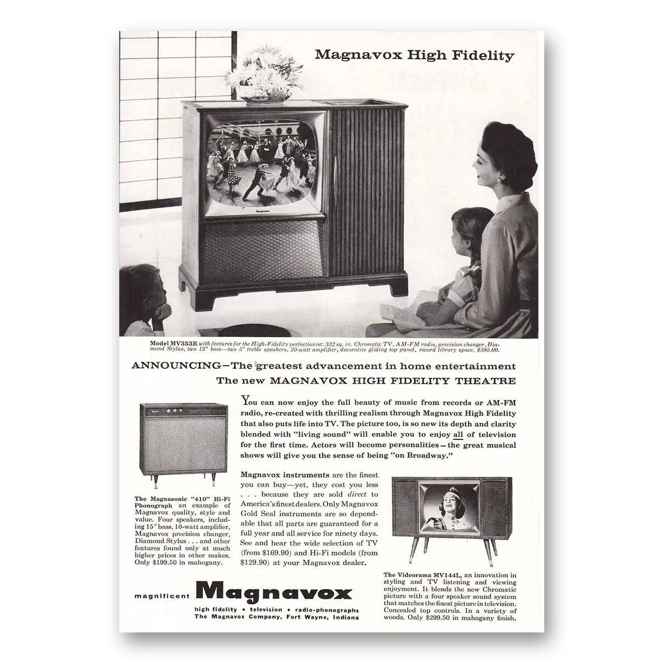 1957 Magnavox Videorama Television High Fidelity Model MV353R Vintage Magazine Print Ad