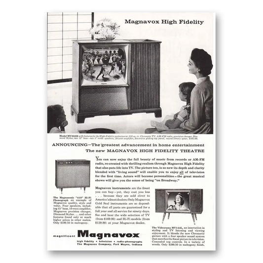 1957 Magnavox Videorama Television High Fidelity Model MV353R Vintage Magazine Print Ad