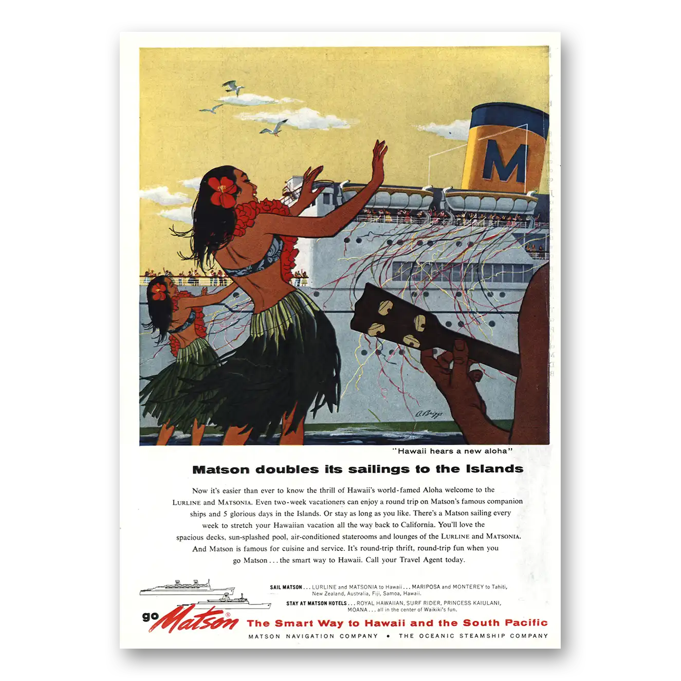 1957 Matson Line Doubles Its Sailings to the Islands Vintage Magazine Print Ad