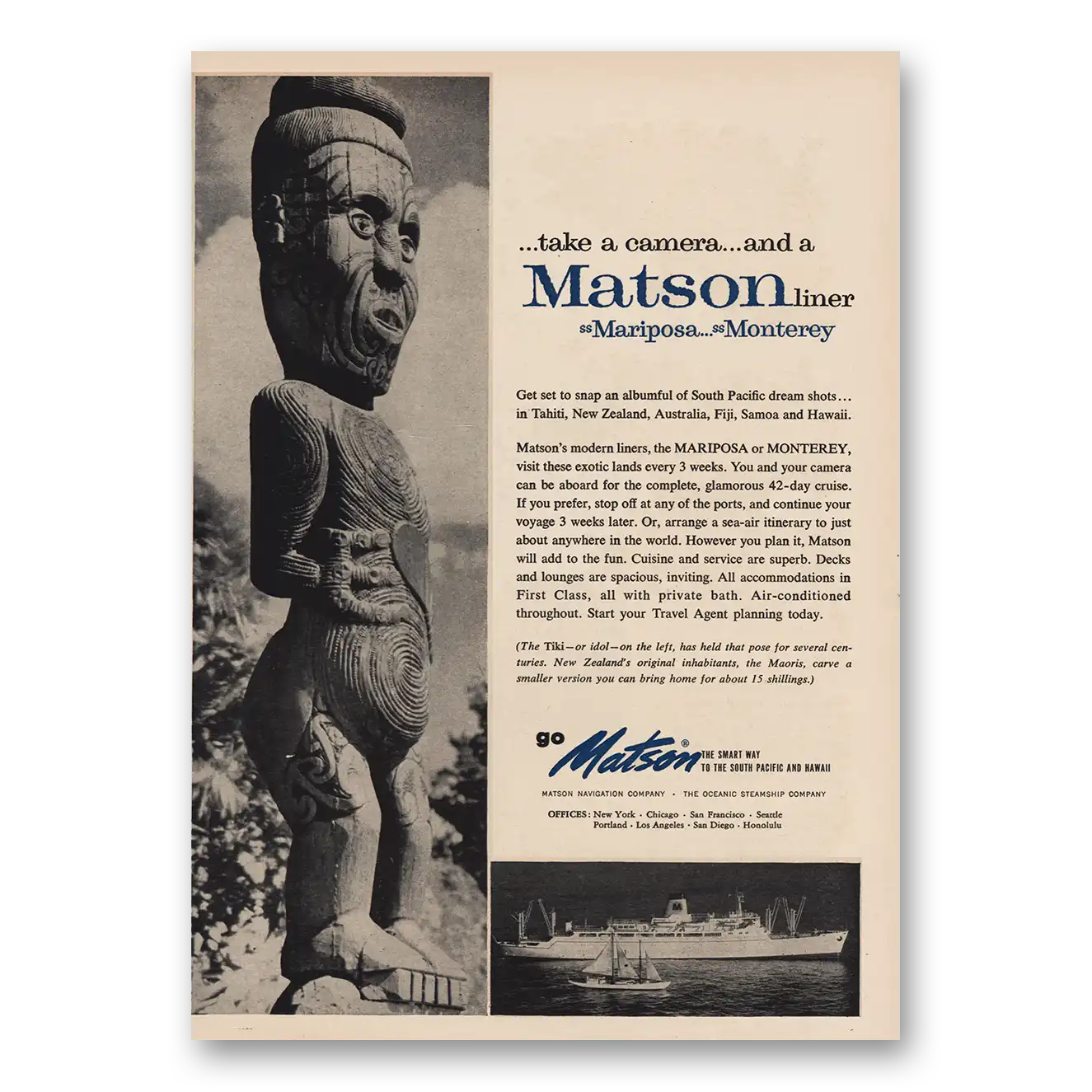 1957 Matson Line Take Camera Mariposa Monterey Vintage Magazine Print Ad