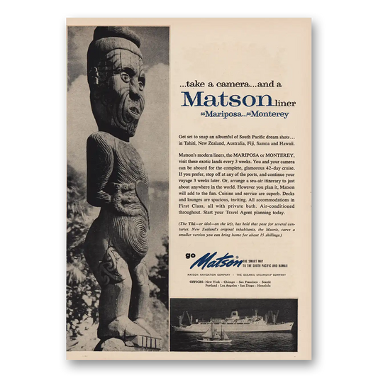 1957 Matson Line Take Camera Mariposa Monterey Vintage Magazine Print Ad