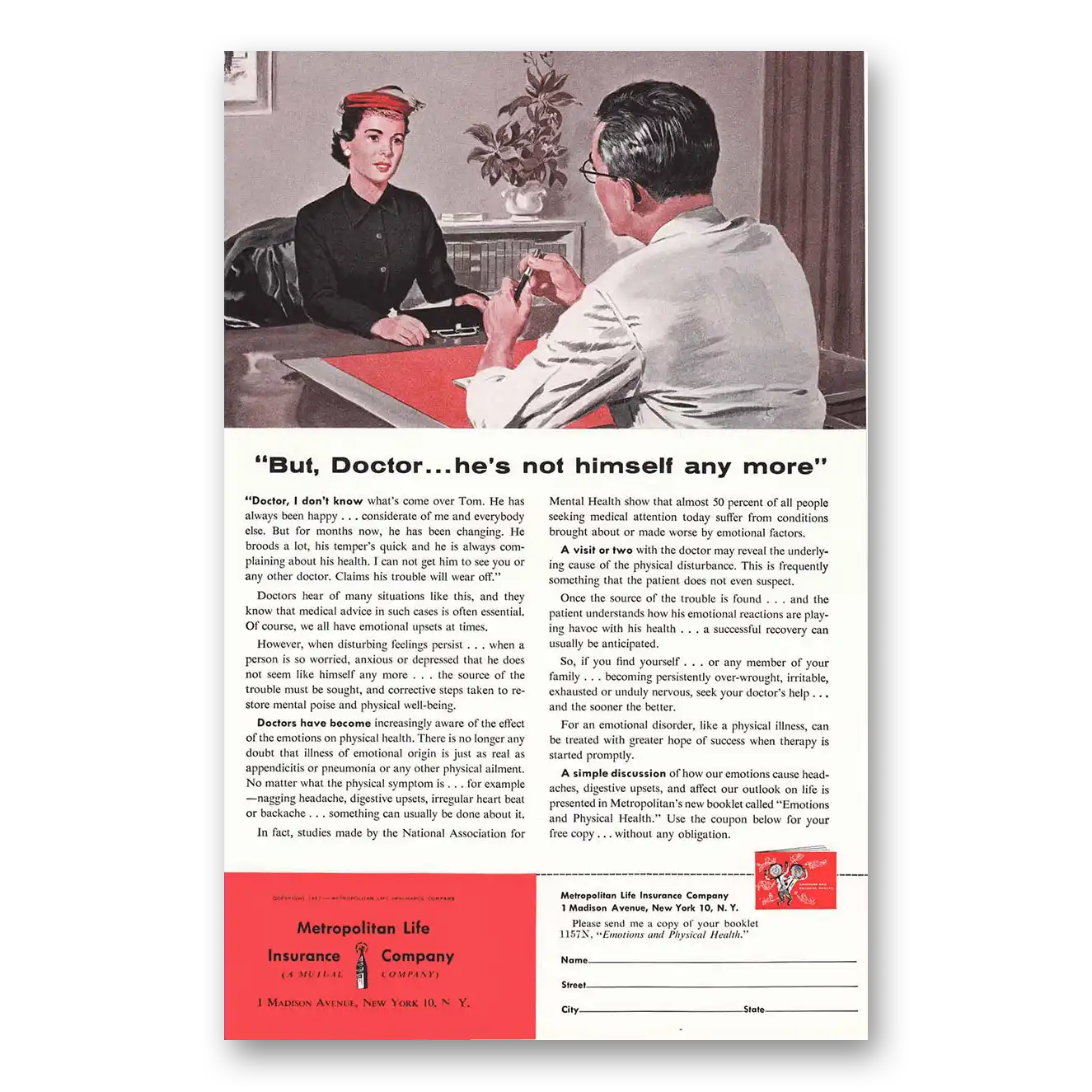 1957 Metropolitan Life Insurance But Doctor Hes Not Himself Any More Vintage Magazine Print Ad