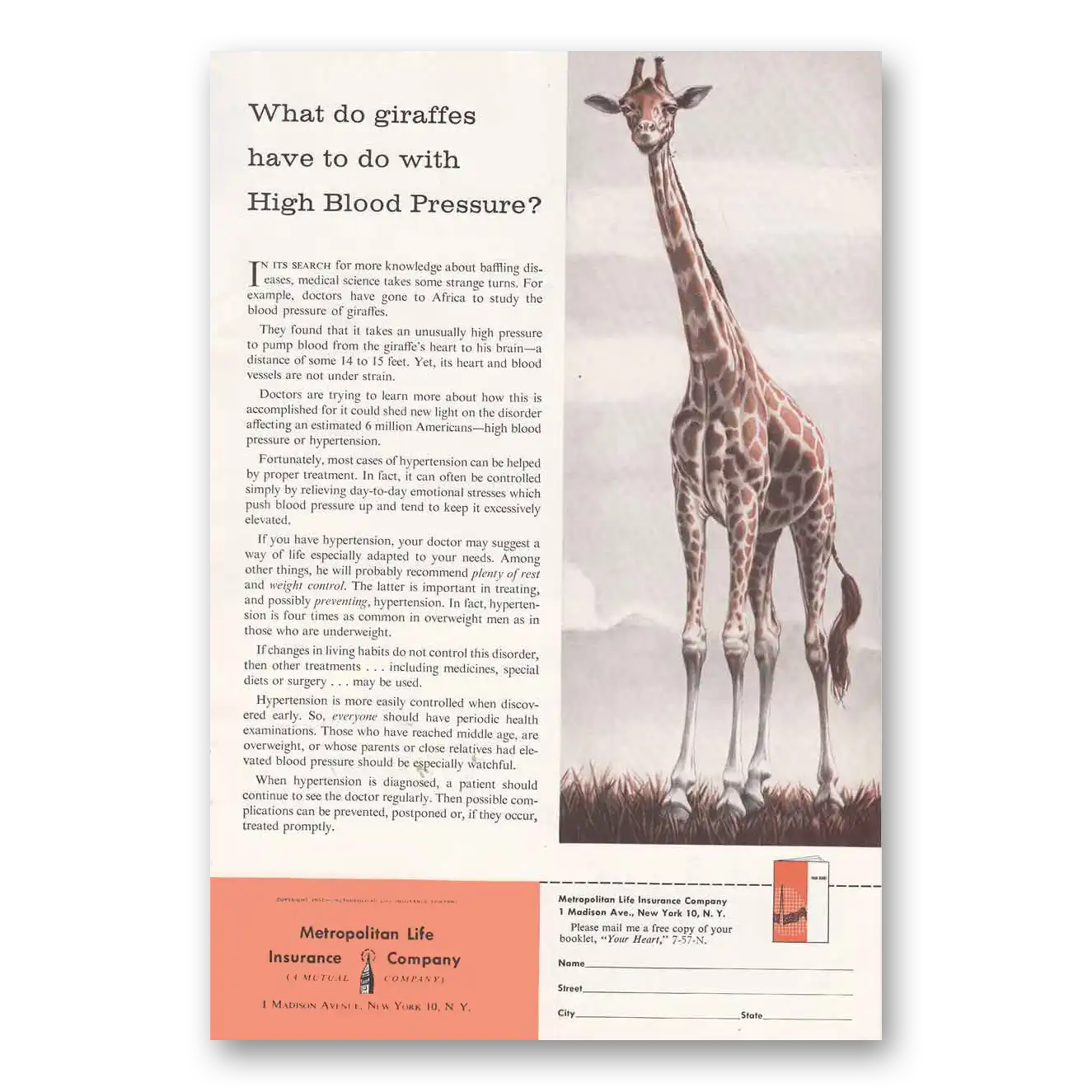 1957 Metropolitan Life Insurance High Blood Pressure Vintage Magazine Print Ad