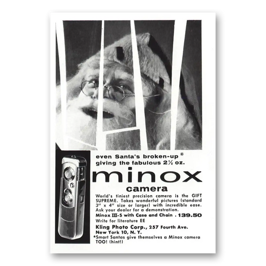 1957 Minox Camera Santas Broken Up Vintage Magazine Print Ad