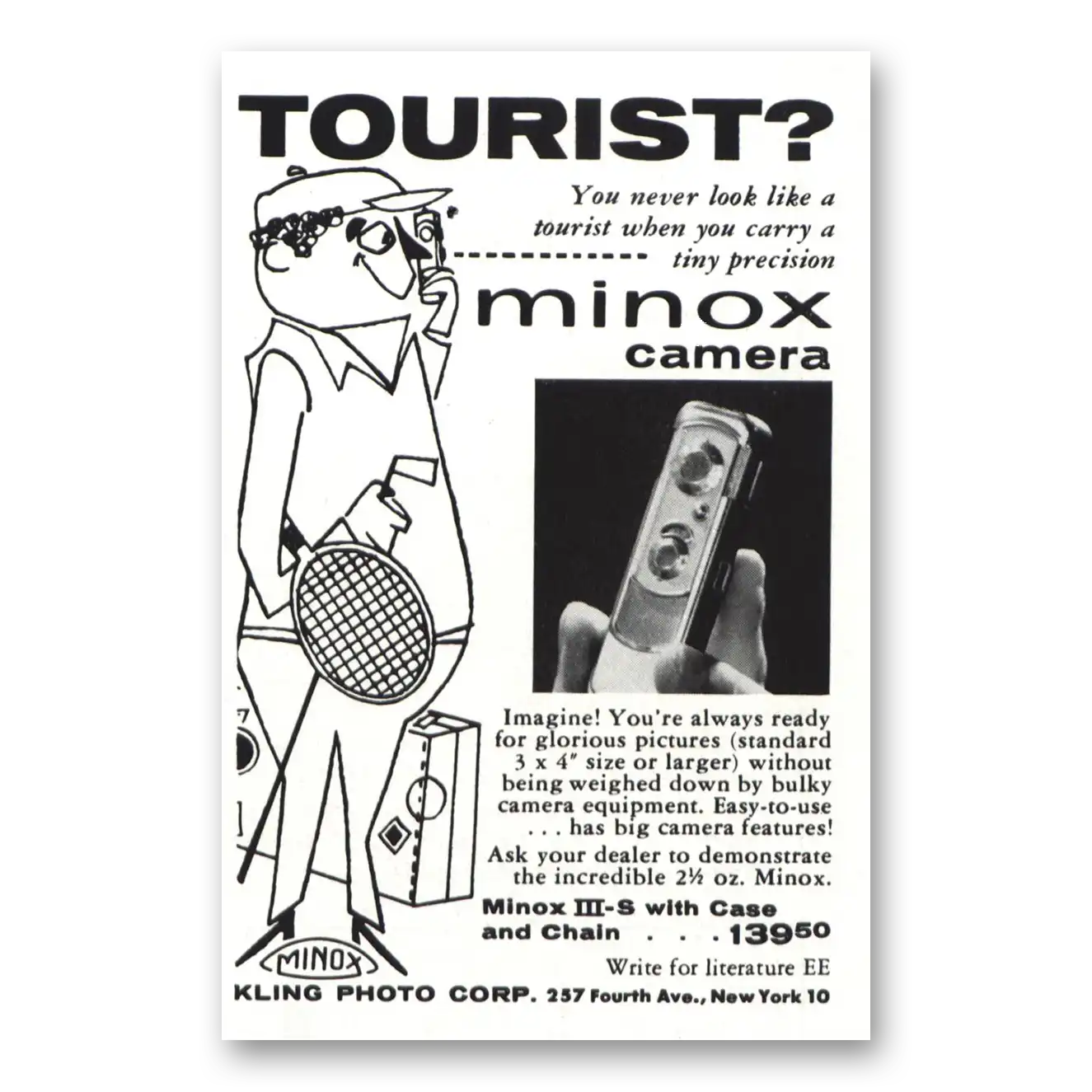 1957 Minox Camera You Never Look Like a Tourist Vintage Magazine Print Ad