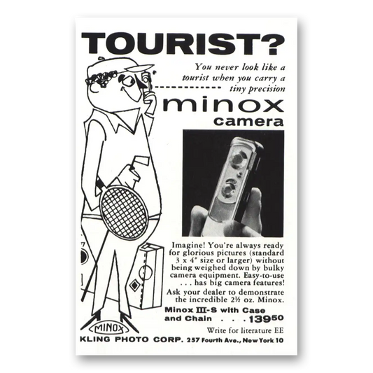 1957 Minox Camera You Never Look Like a Tourist Vintage Magazine Print Ad