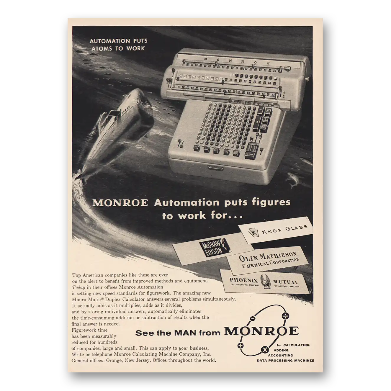 1957 Monroe Calculating Machines Puts Atoms to Work Vintage Magazine Print Ad