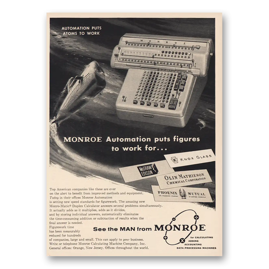 1957 Monroe Calculating Machines Puts Atoms to Work Vintage Magazine Print Ad