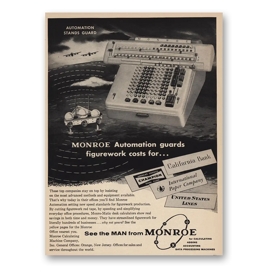 1957 Monroe Calculating Machines Automation Stands Guard Vintage Magazine Print Ad