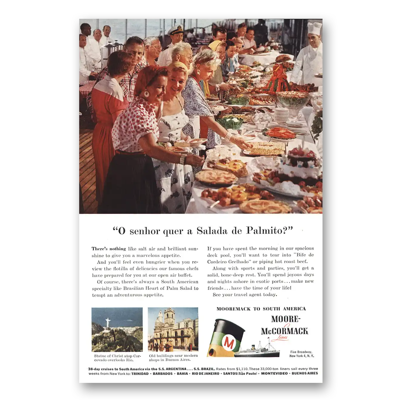 1957 Moore McCormack Lines Buffet Salada de Palmito Vintage Magazine Print Ad