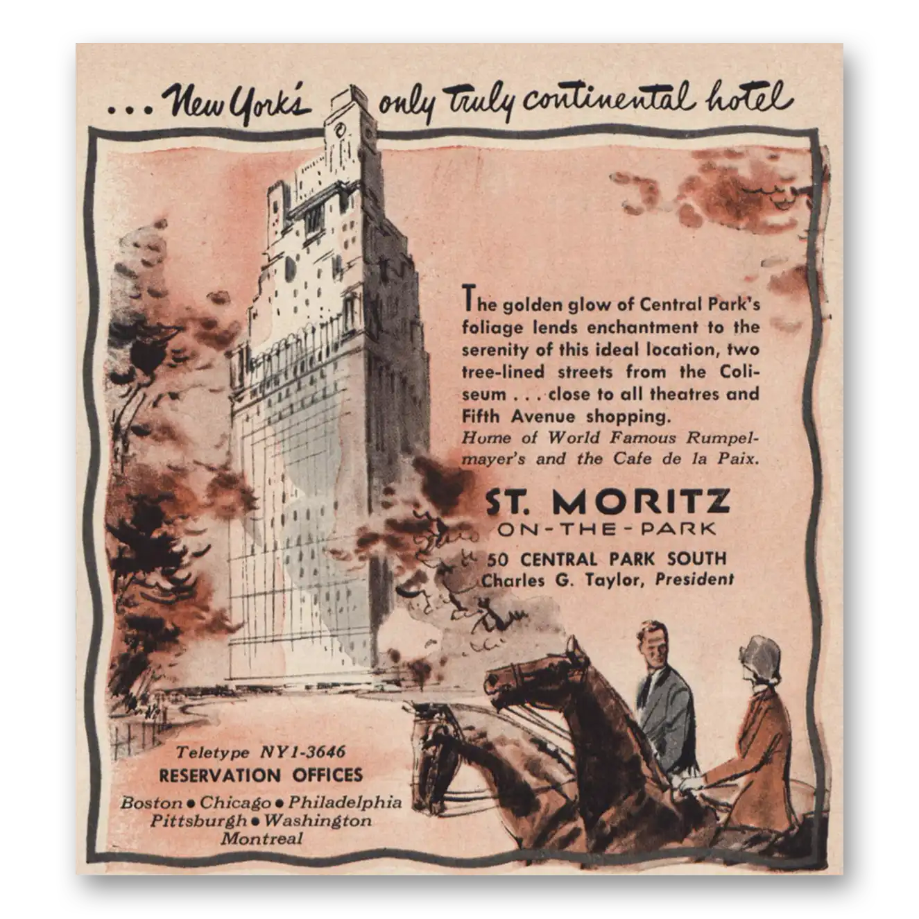 1957 St Moritz on the Park New Yorks Truly Continental Hotel Vintage Magazine Print Ad