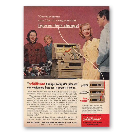 1957 National Cash Register Figures Their Change Vintage Magazine Print Ad