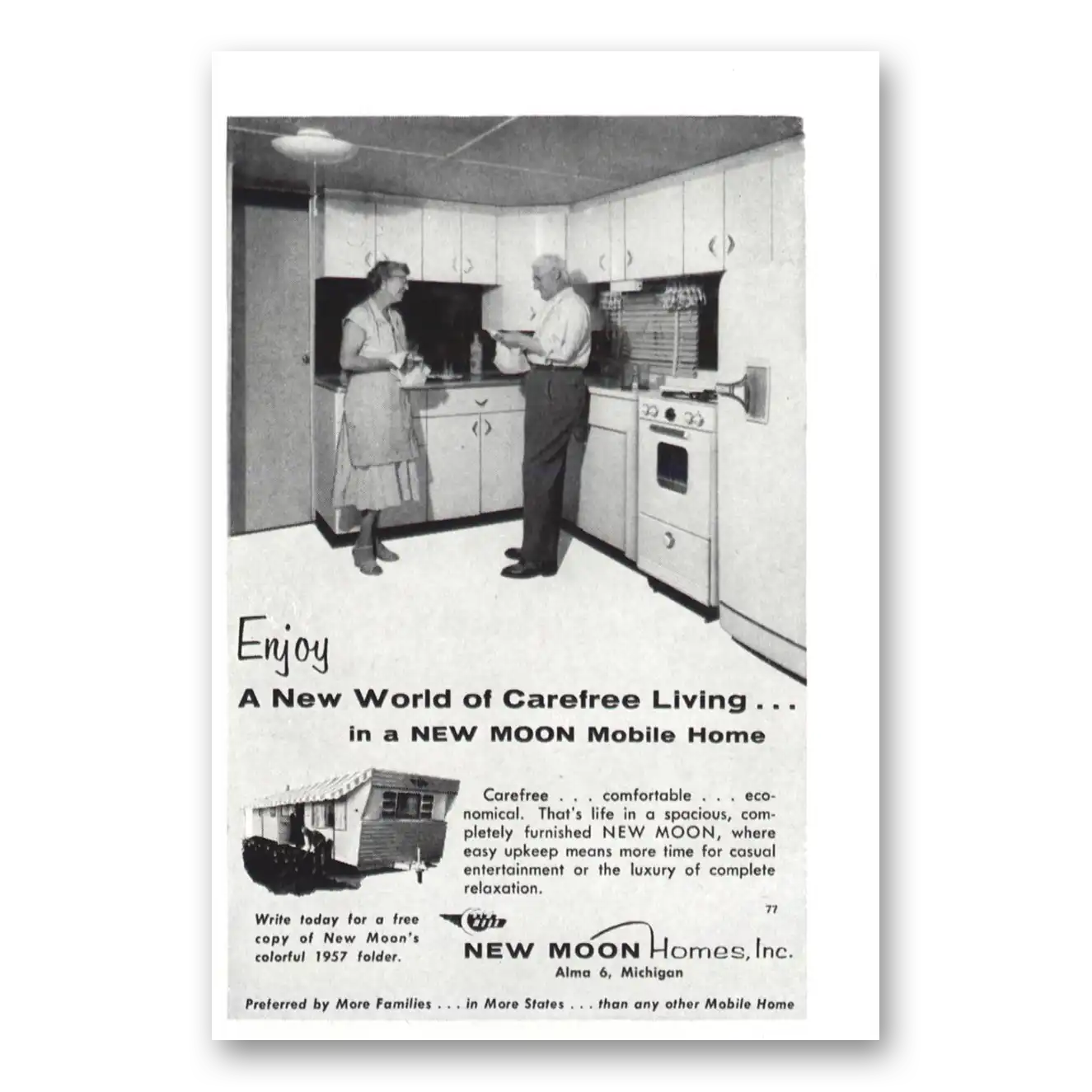 1957 New Moon Homes Mobile Home New World of Carefree Living Vintage Magazine Print Ad