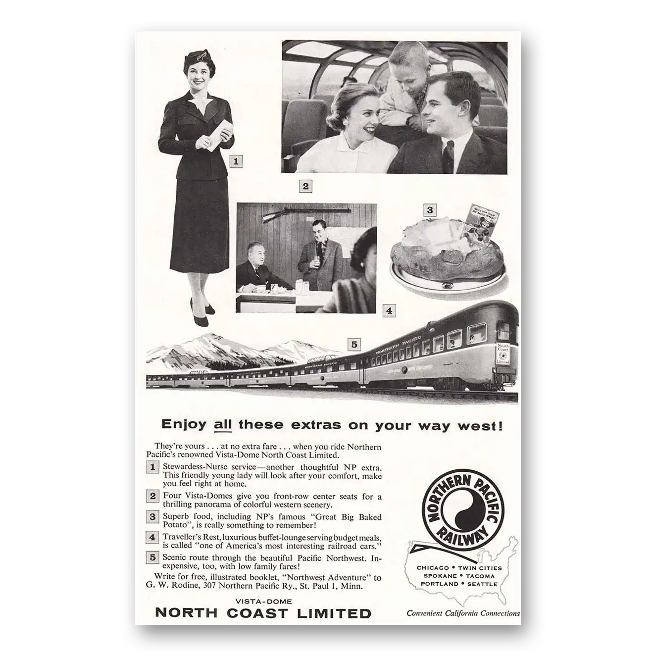 1957 Northern Pacific Railway Stewardess Nurse Vista Vintage Magazine Print Ad