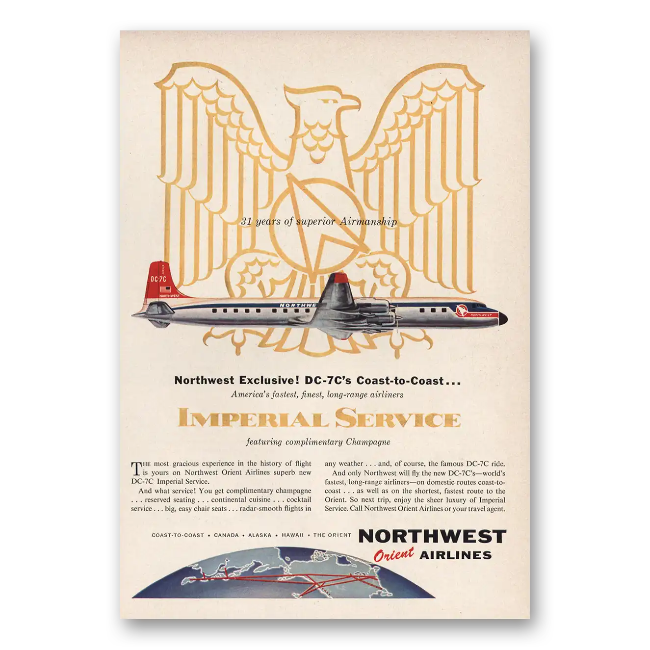 1957 Northwest Orient Airlines DC7s Coast to Coast Imperial Service Vintage Magazine Print Ad