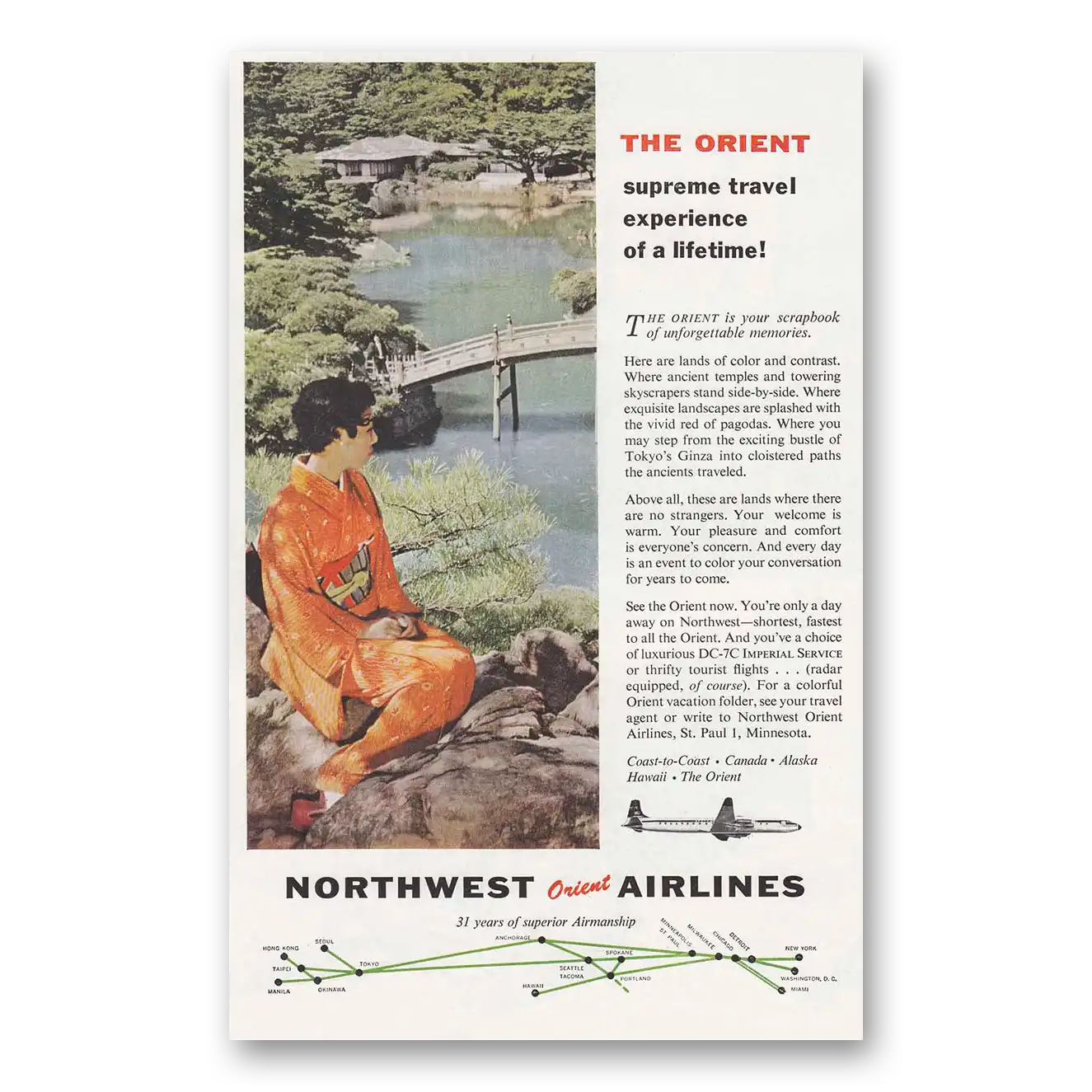 1957 Northwest Orient Airlines Supreme Travel Experience Vintage Magazine Print Ad