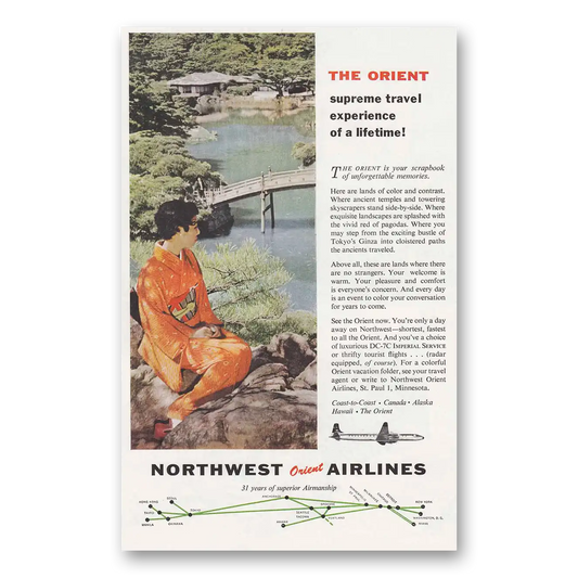 1957 Northwest Orient Airlines Supreme Travel Experience Vintage Magazine Print Ad