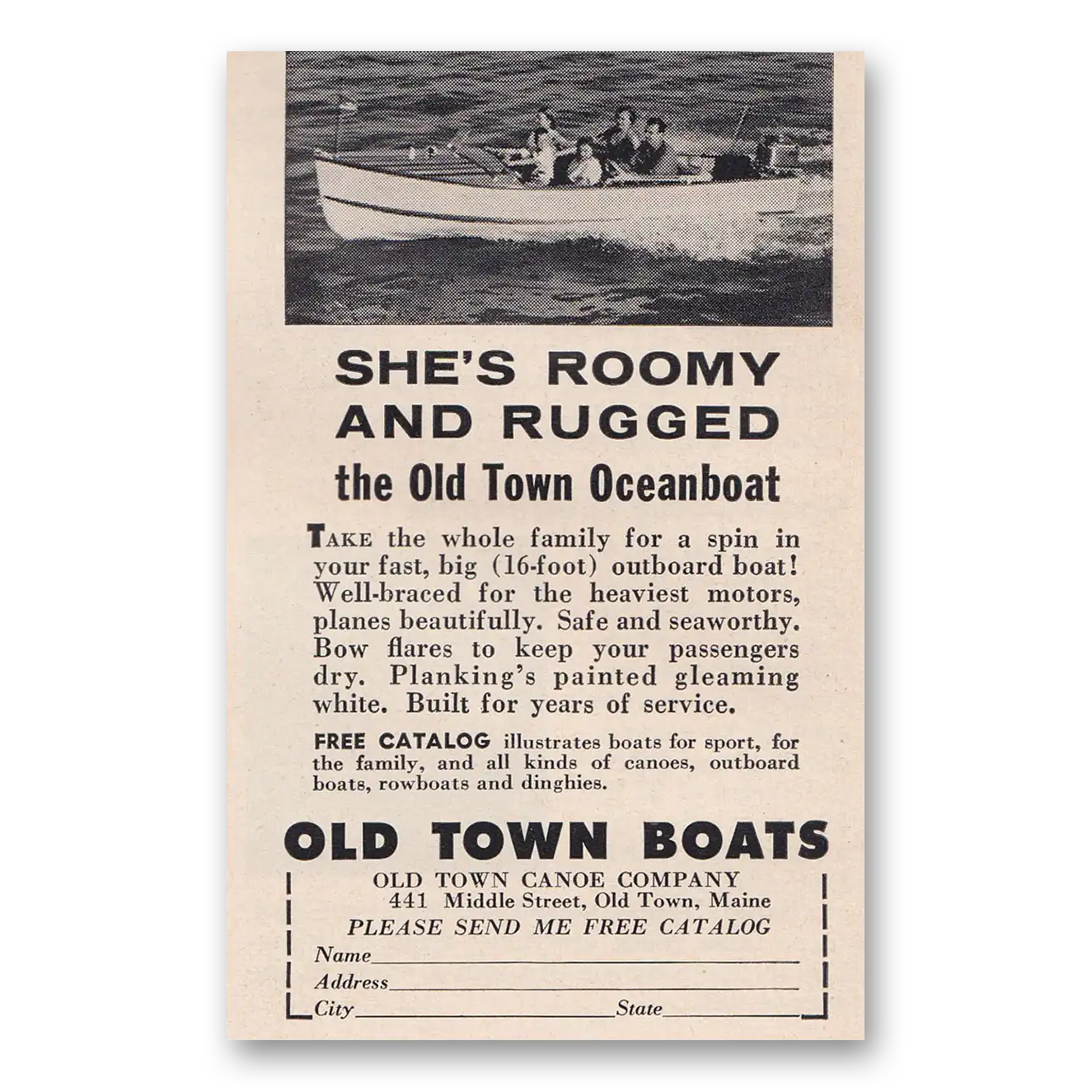 1957 Old Town Boats Oceanboat She's Roomy and Rugged Vintage Magazine Print Ad