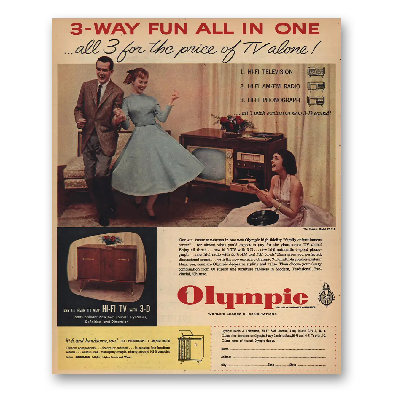 1957 Olympic Radio and Television 3 Way Fun Vintage Magazine Print Ad