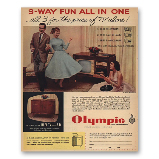 1957 Olympic Radio and Television 3 Way Fun Vintage Magazine Print Ad