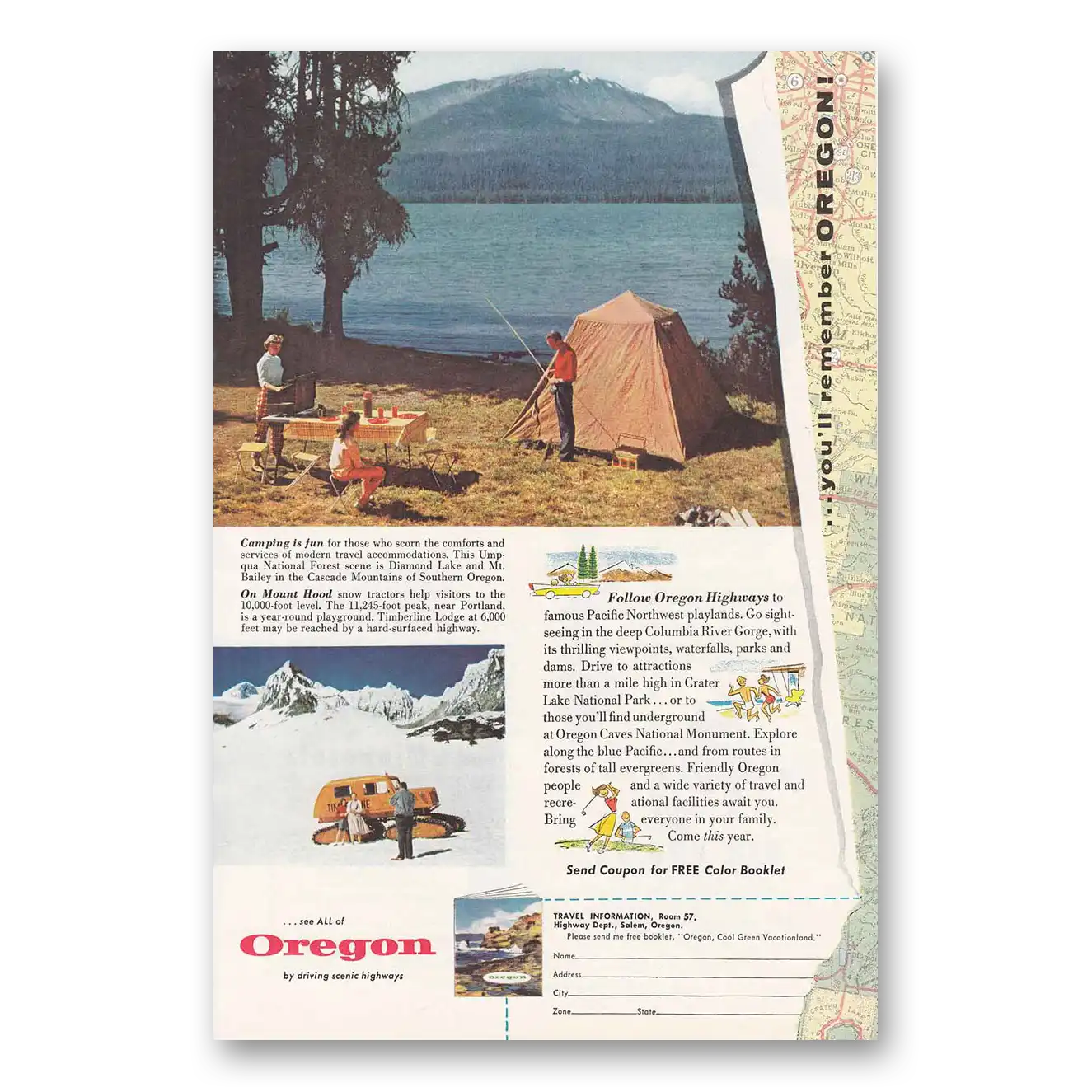 1957 Oregon Umpqua National Forest Diamond Lake Vintage Magazine Print Ad