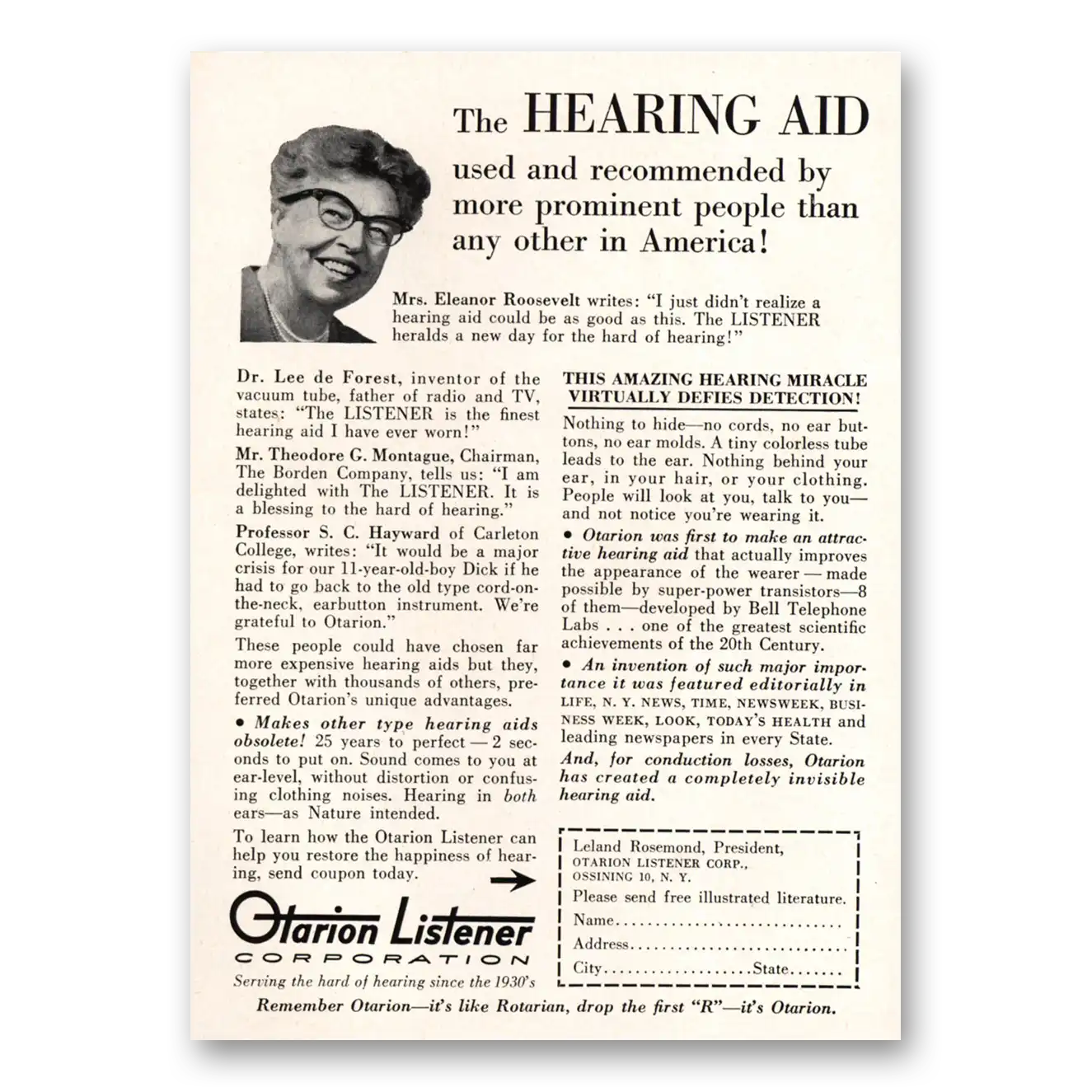 1957 Otarion Listener Hearing Aid Eleanor Roosevelt Vintage Magazine Print Ad