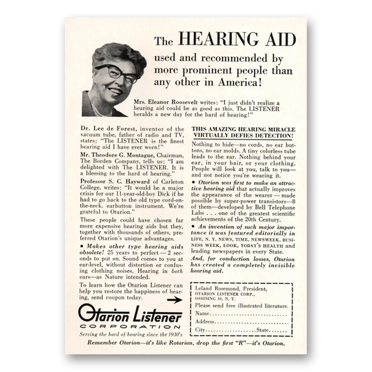 1957 Otarion Listener Hearing Aid Eleanor Roosevelt Vintage Magazine Print Ad