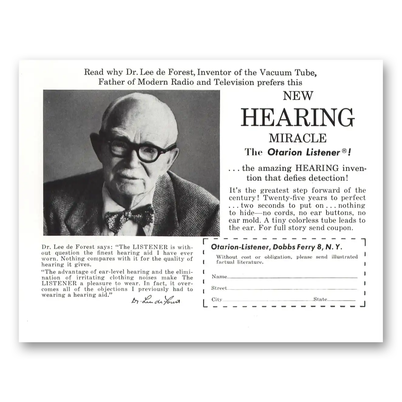 1957 Otarion Listener Hearing Aid New Hearing Miracle Vintage Magazine Print Ad