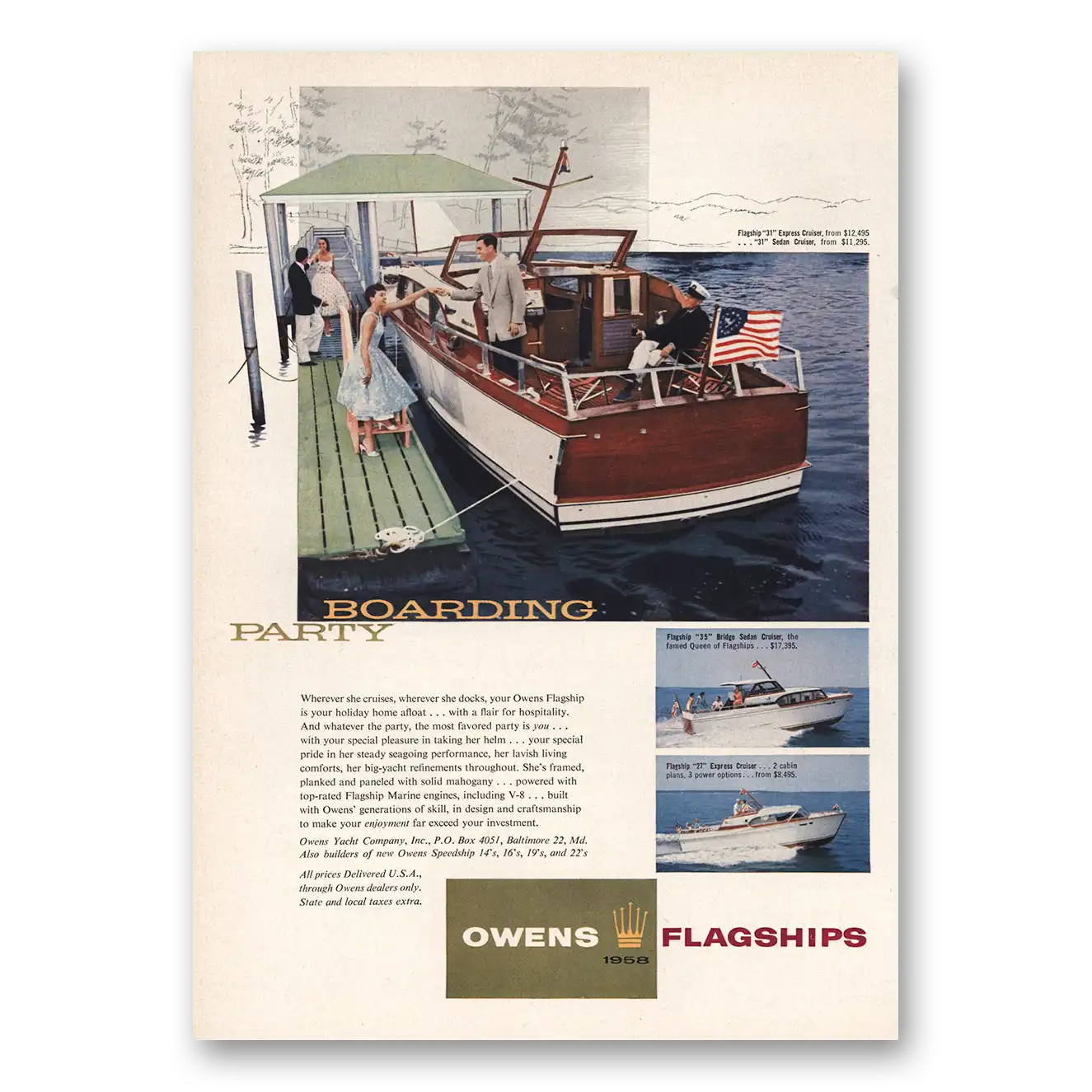 1957 Owens Yacht Company Flagships Boarding Party Vintage Magazine Print Ad