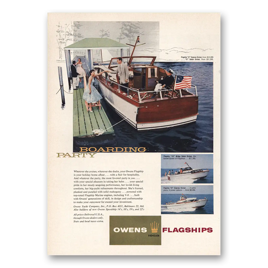 1957 Owens Yacht Company Flagships Boarding Party Vintage Magazine Print Ad