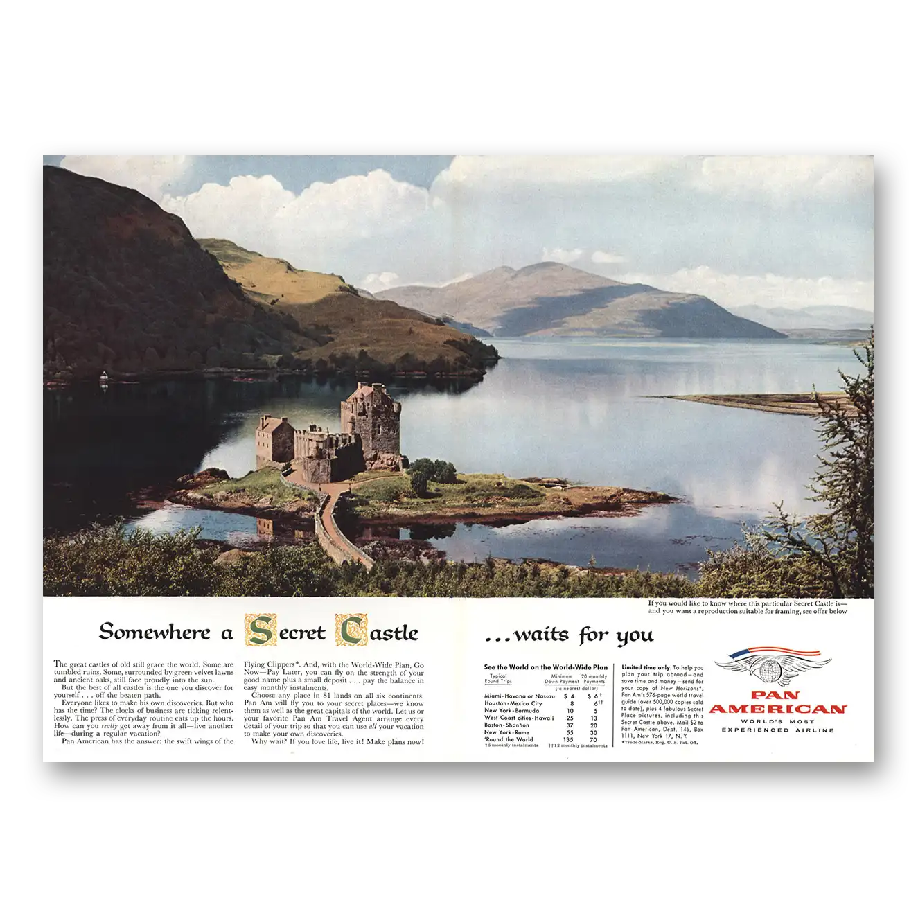 1957 Pan Am Secret Castle Waits For You Vintage Magazine Print Ad