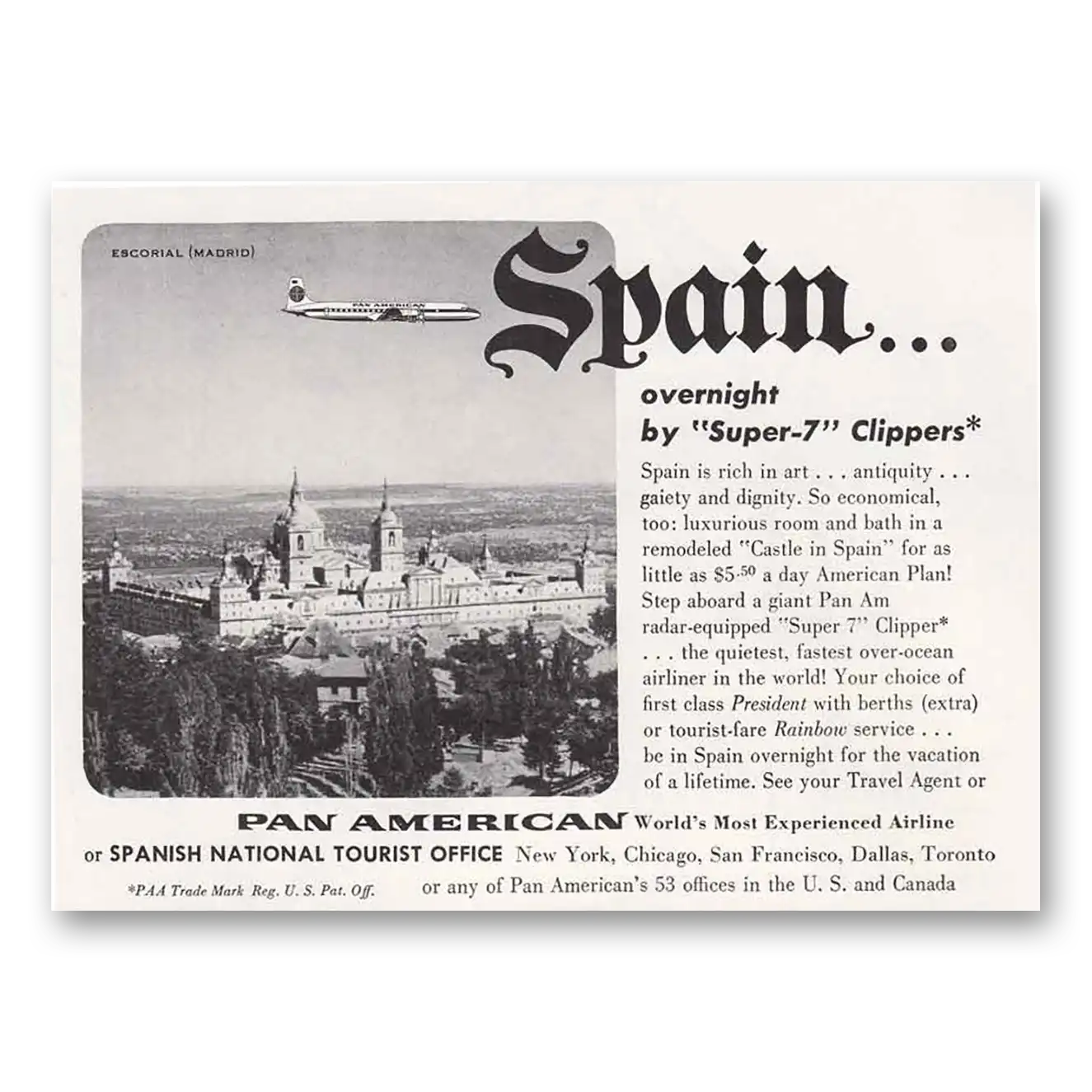 1957 Pan Am Super 7 Clippers Vintage Magazine Print Ad